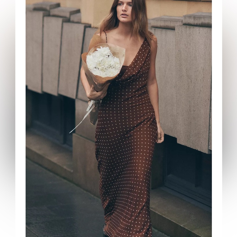 Zara NWT brown polka dot asymmetrical cowl draped detail midi maxi dress - Picture 4 of 9